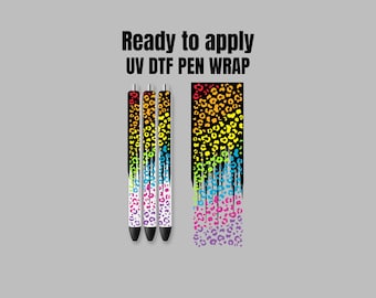 UV DTF Pen Wrap Ready To Apply Sticker Print. Black drips rainbow leopard with half transparent backing. UV Pen wrap.  #8035