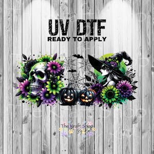 May include: A Halloween-themed design featuring a skull, witch, pumpkins, and flowers. The design includes the text "UV DTF READY TO APPLY" and is set against a white wood grain background. The Kraft Shop logo is at the bottom.