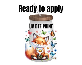 UV DTF Sticker print. Cute fox with butterflies and flowers decal, tumbler decal, permanent sticker. UV wrap for glass can tumbler. #1006