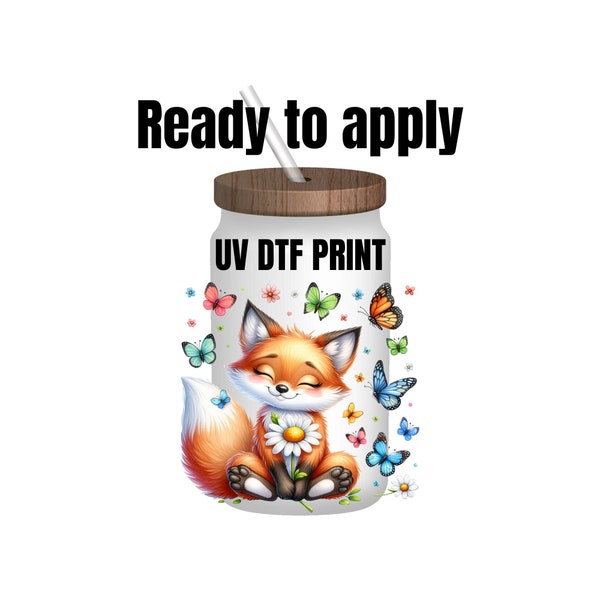 UV DTF Sticker print. Cute fox with butterflies and flowers decal, tumbler decal, permanent sticker. UV wrap for glass can tumbler. #1006