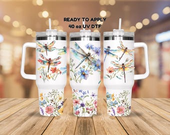 UV DTF 40 oz ready to apply Dragonflies with wild flowers wrap permanent sticker. UV wrap quencher  #3105