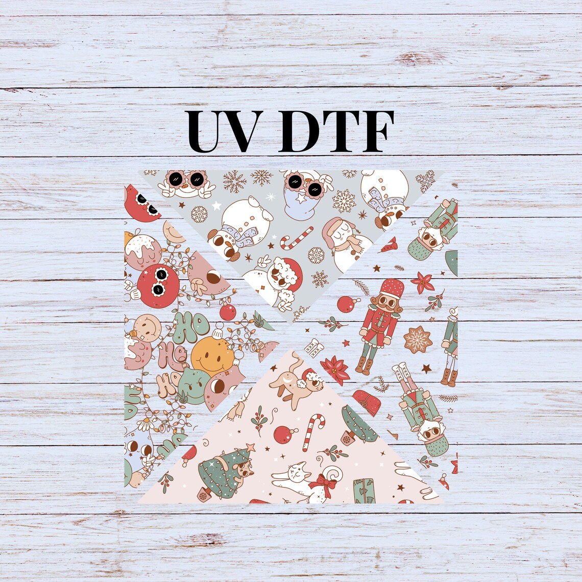 UV DTF Sticker Print. Vintage Christmas Transparent 2 Sides 4 Triangle ...