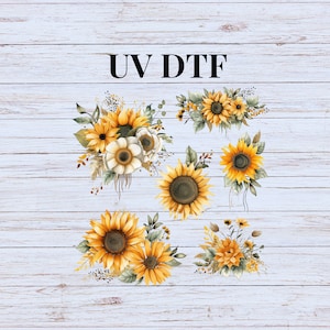 May include: A set of five sunflower and white flower digital clipart images. The images are perfect for crafting projects, scrapbooking, and more.  UV DTF.