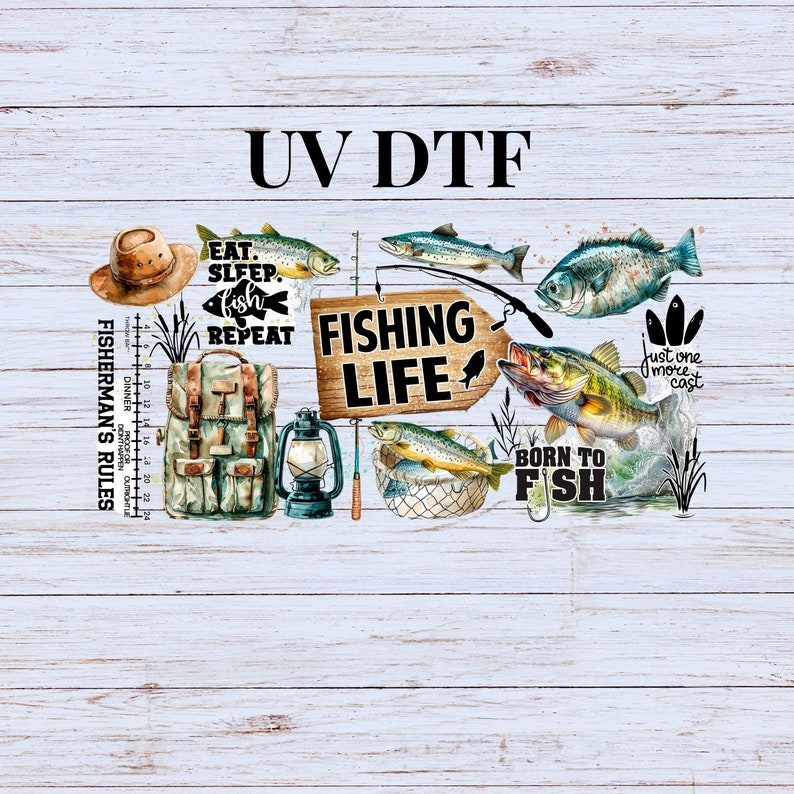 May include: A watercolor illustration of fishing themed clipart. The image includes a fishing rod, a tackle box, a lantern, a fishing net, a fish, and a sign that says "Fishing Life". The text "Eat. Sleep. Fish. Repeat" and "Born to Fish" are also included in the image.