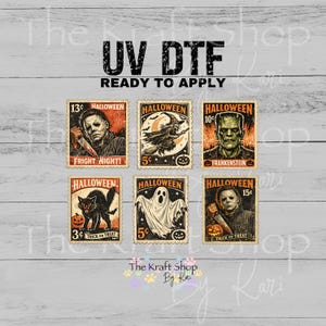 May include: A set of six rectangular UV DTF transfers featuring vintage-style Halloween postage stamp designs. The graphics include a masked figure with a knife, a witch on a broom, Frankenstein's monster, a black cat, a ghost, and a masked figure.