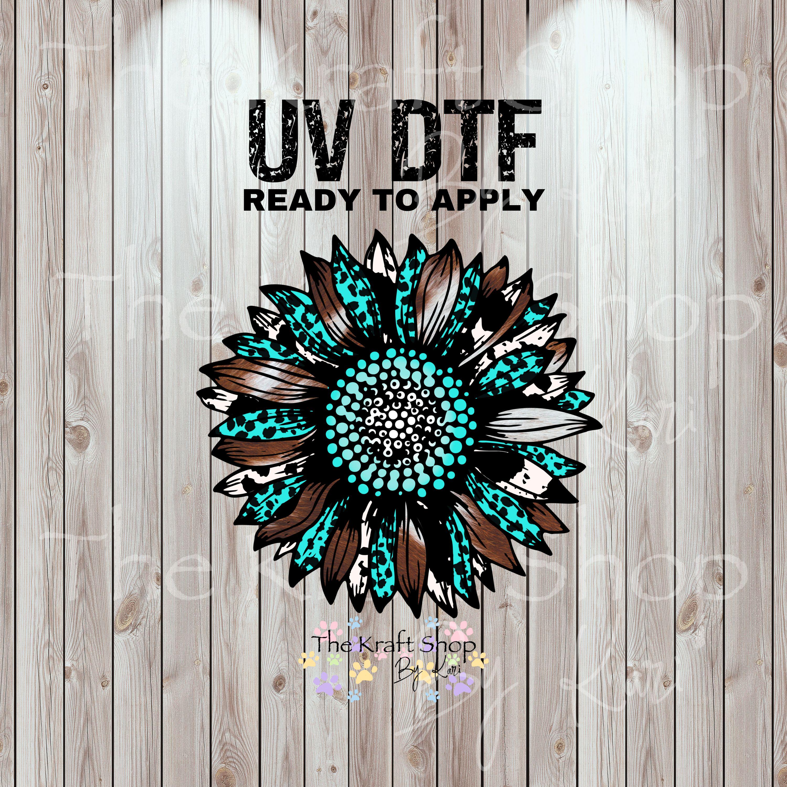 Cowhide Sticker UV DTF Sticker Print. Leopard Cowhide Teal Sunflower Decal, Tumbler ...