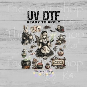 May include: UV DTF transfer sheet featuring a whimsical Alice in Wonderland theme. Includes illustrations of a rabbit, playing cards, a girl, potion bottles, a teapot, and the text "Welcome to Wonderland".