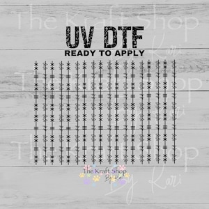 May include: A black UV DTF (Direct to Film) transfer sheet with a repeating pattern of vertical lines, hearts, and asterisks. The text "UV DTF READY TO APPLY" is printed at the top. The Kraft Shop By Kari logo is at the bottom.