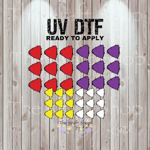 May include: UV DTF ready to apply graphic. The design features rows of colorful triangle shapes in red, purple, yellow, and white. The text "UV DTF READY TO APPLY" is at the top. The Kraft Shop By logo is at the bottom.