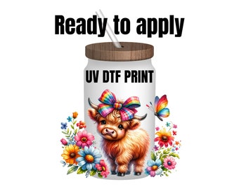 UV DTF Sticker print. Cute Baby Cow with Flowers wrap, tumbler decal, permanent sticker. UV wrap for glass can tumbler. #1001