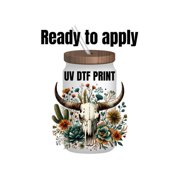 UV DTF Sticker print. Watercolor Western desert cow decal, tumbler decal, permanent sticker. UV wrap for glass can tumbler. #2003