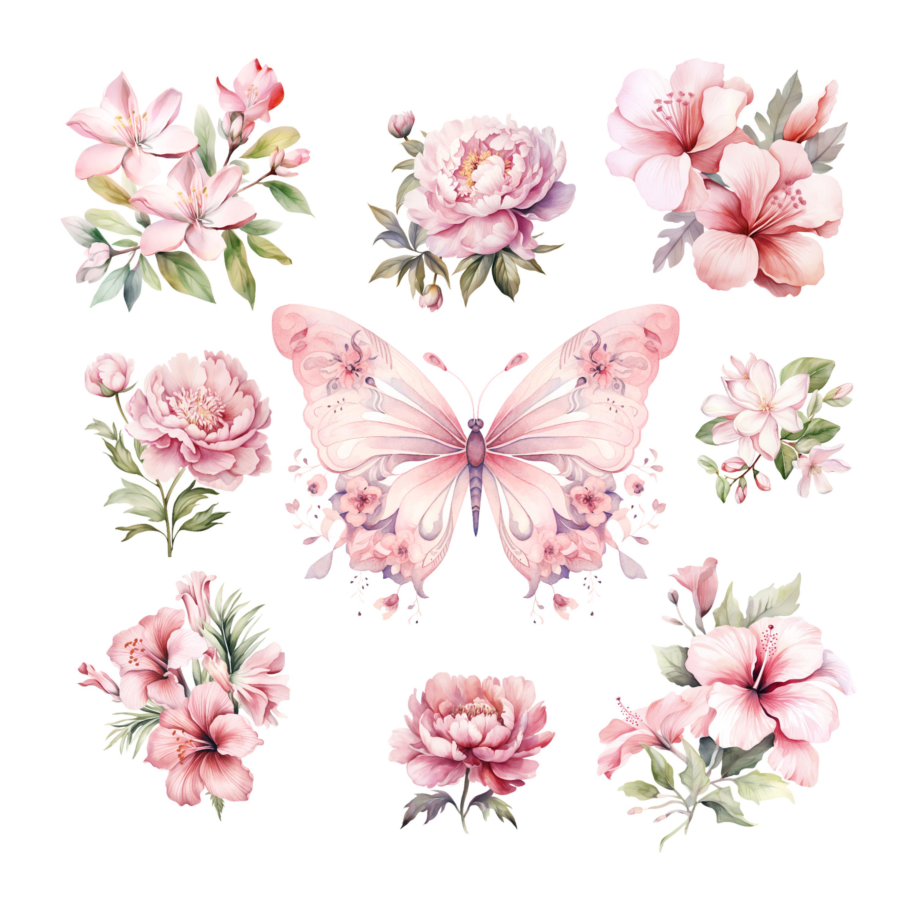 UV DTF Sticker Print Pink Flowers and Butterfly Element Sheet Decal ...