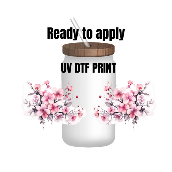 UV DTF Sticker print. Pink cherry blossom flower wrap decal, tumbler decal, permanent sticker. UV wrap for glass can tumbler. #5097