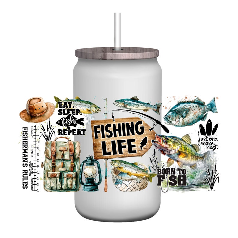 May include: White tumbler with a wood lid and a straw. The tumbler is decorated with fishing-themed images, including fish, fishing rods, a fishing net, a lantern, a backpack, and a sign that says "Fishing Life". There are also several text phrases on the tumbler, including "Eat. Sleep. Fish. Repeat", "Just one more cast", and "Born to Fish".
