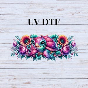 UV DTF Sticker print. Teal Purple Sea Turtle Cute w/ flowers can or tumbler wrap decal, tumbler decal. UV wrap for glass can tumbler. #5205