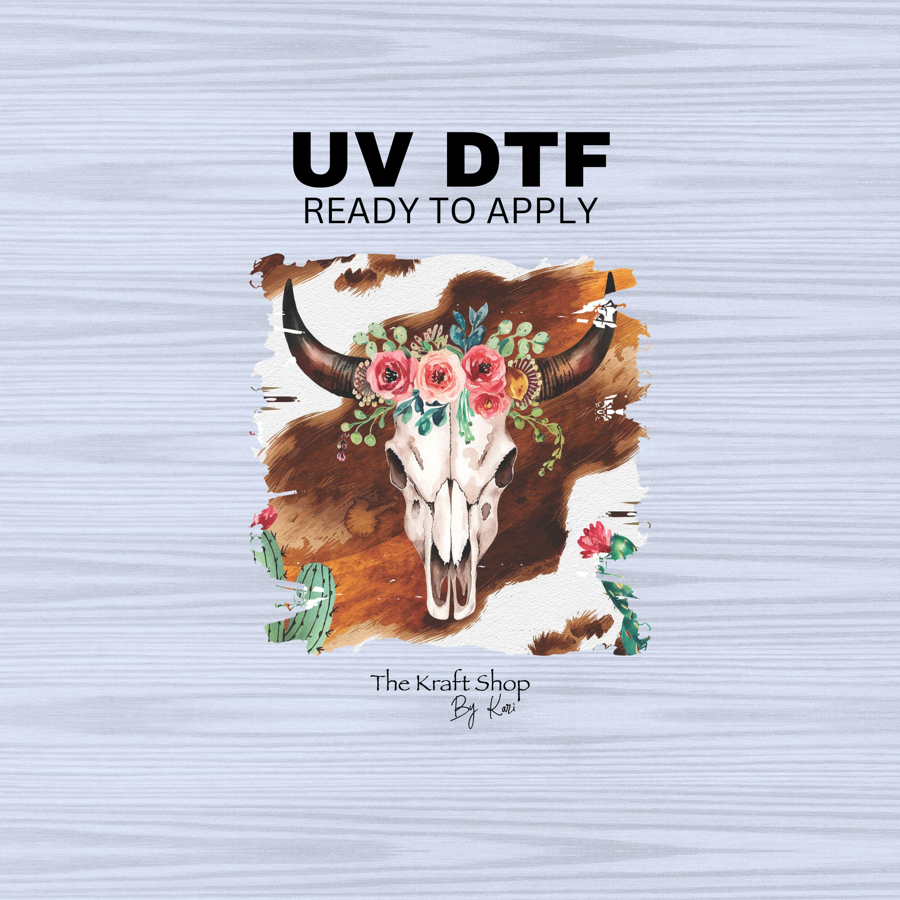 Cowhide Sticker UV DTF Sticker Print. Cowhide Skull With Flowers Paint Swipe Decal ...