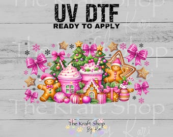 UV DTF Sticker print. Pink Gingerbread Christmas Wrap decal Glass can wrap.  #7559