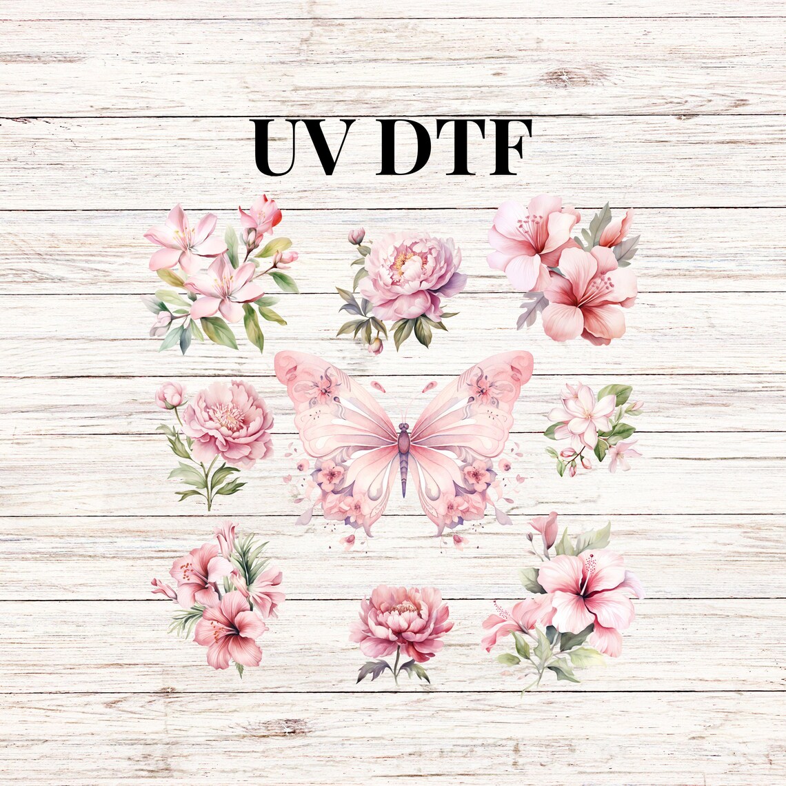 UV DTF Sticker Print Pink Flowers and Butterfly Element Sheet Decal ...