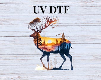 UV DTF Sticker prints. Deer and sunset decal, permanent sticker. UV wrap for tumbler. #10057