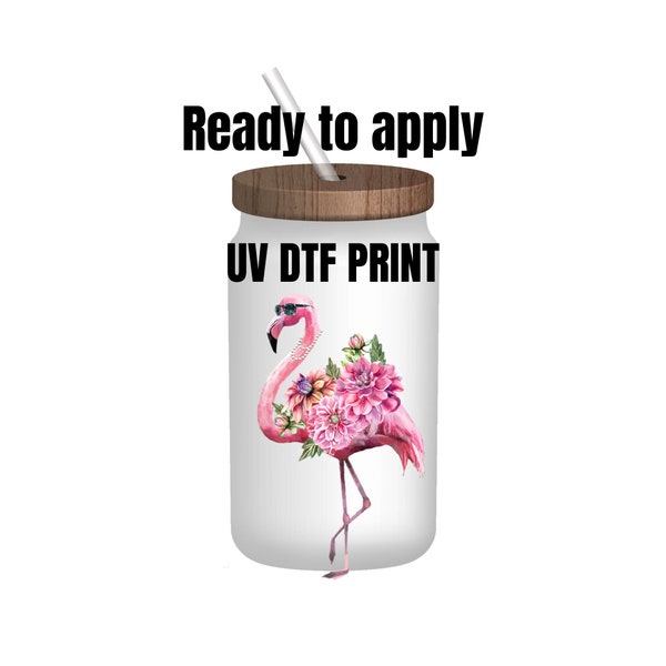 UV DTF Sticker print. Flower flamingo with pearls decal, tumbler decal, permanent sticker. Uv wrap for glass can tumbler. #1014
