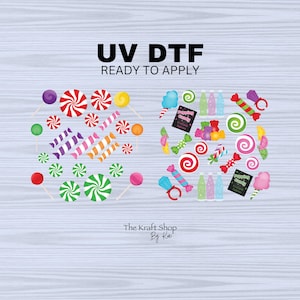 May include: A collection of colorful candy-themed graphics, including lollipops, peppermints, and wrapped candies. The text "UV DTF READY TO APPLY" is displayed at the top. The Kraft Shop By Kat logo is at the bottom.