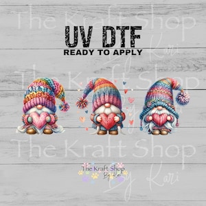 UV DTF Sticker prints. Pastel knit hat Valentines Gnomes decals 3 pk, permanent sticker.#7602