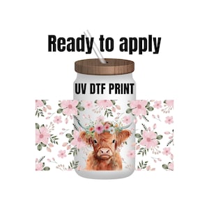 UV DTF Sticker print. Heifer cow with pink flowers wrap decal, tumbler decal, permanent sticker. UV wrap for glass can tumbler. #5034
