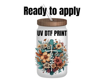 UV DTF Sticker print. Watercolor Faith with Flowers decal, tumbler decal, permanent sticker. UV wrap for glass can tumbler. #4001