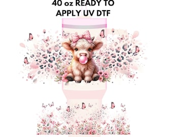 UV DTF 40 oz ready to apply Pink Highland Cow Bubble Cheetah decal , quencher tumbler decal, permanent sticker. UV wrap quenchers . #3014