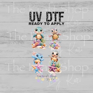 May include: UV DTF transfers featuring four adorable cartoon sea turtles with colorful coral and starfish accents. The text "UV DTF READY TO APPLY" is displayed at the top. The Kraft Shop By Kari logo is at the bottom.