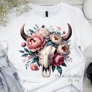 DTF ready to press transfer. Boho floral western bull skull with pink white flowers shirt transfer, Direct to film heat press transfer#11352