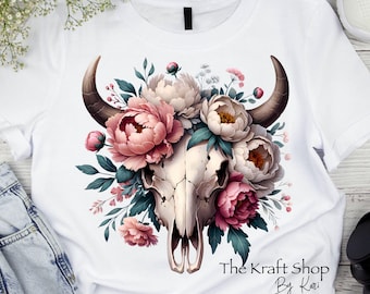 DTF ready to press transfer. Boho floral western bull skull with pink white flowers shirt transfer, Direct to film heat press transfer#11352