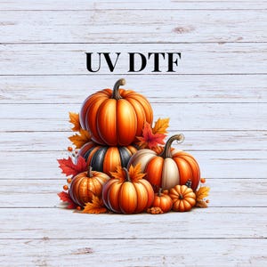 May include: A group of orange, black, and white pumpkins with fall leaves on a white wood background. The text "UV DTF" is at the top of the image.