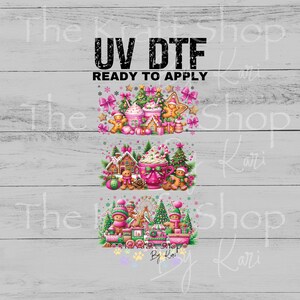 May include: UV DTF Christmas-themed designs featuring gingerbread men, houses, trees, and festive drinks. The designs are in pink, green, and gold colors. The text "READY TO APPLY" is included.