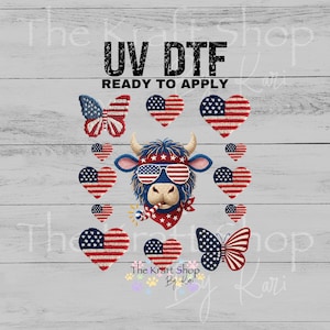 UV DTF Yarn Patriotic Highland Cow mixed media Element sheet 8x8 decal #1110