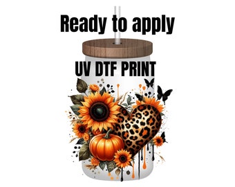 UV DTF Sticker print Leopard Heart Pumpkin Halloween and fall decal, tumbler decal, permanent sticker. Uv wrap for glass can tumbler. #7012