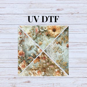 May include: A digital transfer design featuring a floral pattern with delicate lace details. The design is in shades of cream, beige, and light blue. The text "UV DTF" is displayed at the top of the image.