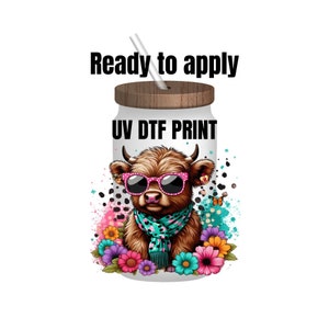 UV DTF Sticker print. Cow with sunglasses  decal, tumbler decal, permanent sticker. Uv wrap for glass can tumbler. #1013