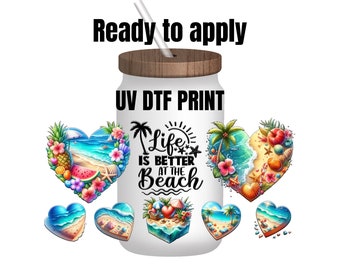UV DTF Sticker print. Watercolor Beach Heart Life is better at the wrap decal, tumbler decal, UV wrap for glass can tumbler. #5047
