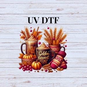 May include: A digital design featuring a fall-themed scene with two mugs of coffee, a pumpkin, and a pair of mittens. The mugs are decorated with fall colors and the text "Golden Harvest". The design is perfect for creating mugs, t-shirts, or other fall-themed crafts.