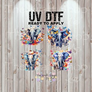 May include: UV DTF transfers featuring watercolor elephants surrounded by colorful butterflies and flowers. The transfers are ready to apply. The Kraft Shop By Lori logo is at the bottom.