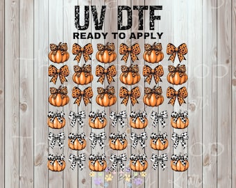 UV DTF Sticker print. Checkered black and white or leopard pumpkin bow fall elements wrap decal,  UV wrap for glass can tumbler#7350