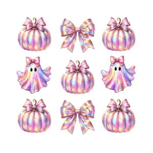 May include: A collection of iridescent Halloween-themed illustrations. The image features pumpkins, bows, and ghosts, all with a shimmering, multi-colored effect. Each pumpkin and bow is adorned with a small, decorative jewel. The ghosts have black oval eyes.