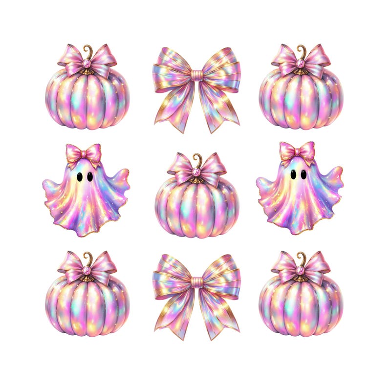 May include: A collection of iridescent Halloween-themed illustrations. The image features pumpkins, bows, and ghosts, all with a shimmering, multi-colored effect. Each pumpkin and bow is adorned with a small, decorative jewel. The ghosts have black oval eyes.