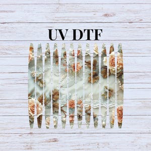 May include: A sheet of UV DTF transfer film with a floral design featuring white lace, brown leaves, and peach-colored roses. The film is divided into 16 strips.