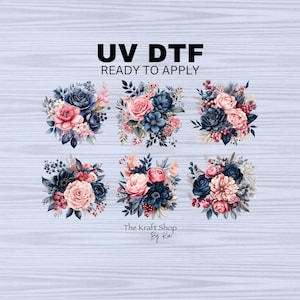 May include: Six digital designs featuring watercolor floral bouquets in shades of pink, blue, and green. The designs are labeled "UV DTF READY TO APPLY" and "The Kraft Shop By Kai".