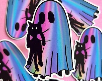 Ghost and Cat Sticker, Cute Animal Sticker, Cat Lover Gift, Spooky Sticker, Colorful Stickers, Tumbler Stickers, Trendy Vinyl Sticker