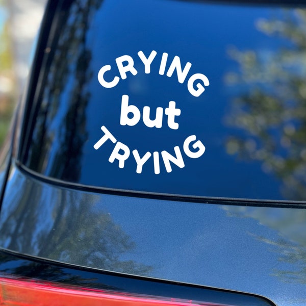 Crying But Trying Decal, Car Decal, Laptop Sticker, Funny Bumper Sticker, Mental Health Gift, Gift for Bad Driver, Gen Z Sticker, Crybaby