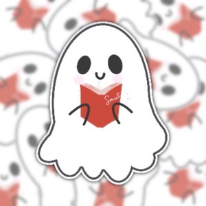 May include: A white ghost with a friendly face is reading a red book with the word "Smut" on the cover.