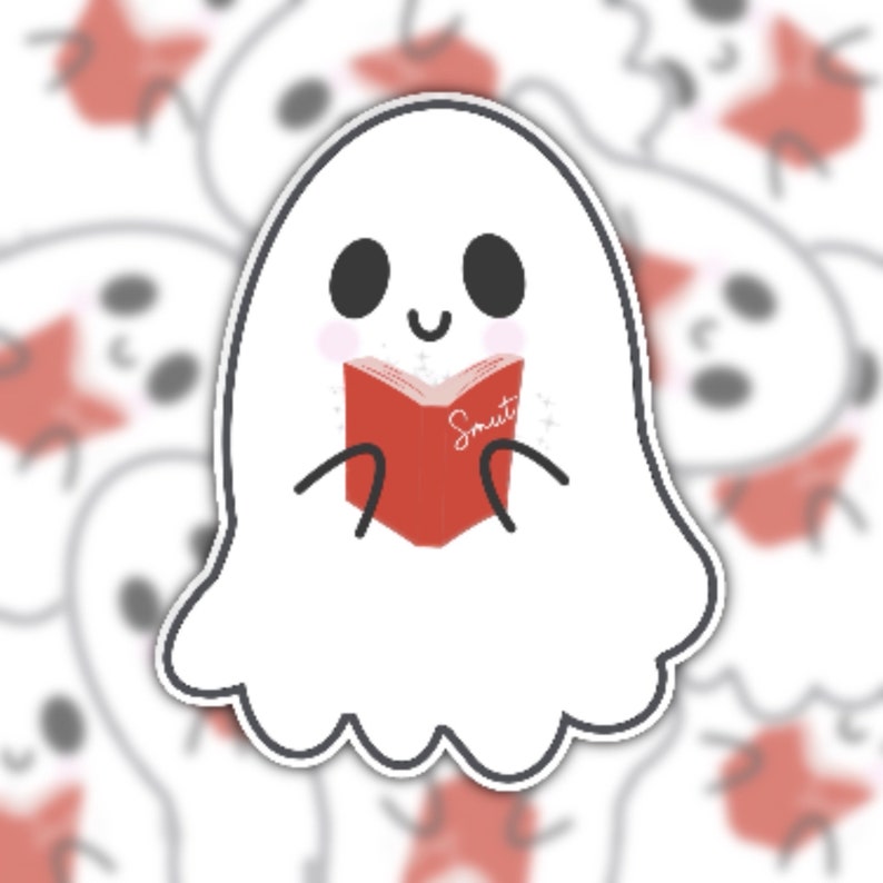 May include: A white ghost with a friendly face is reading a red book with the word "Smut" on the cover.